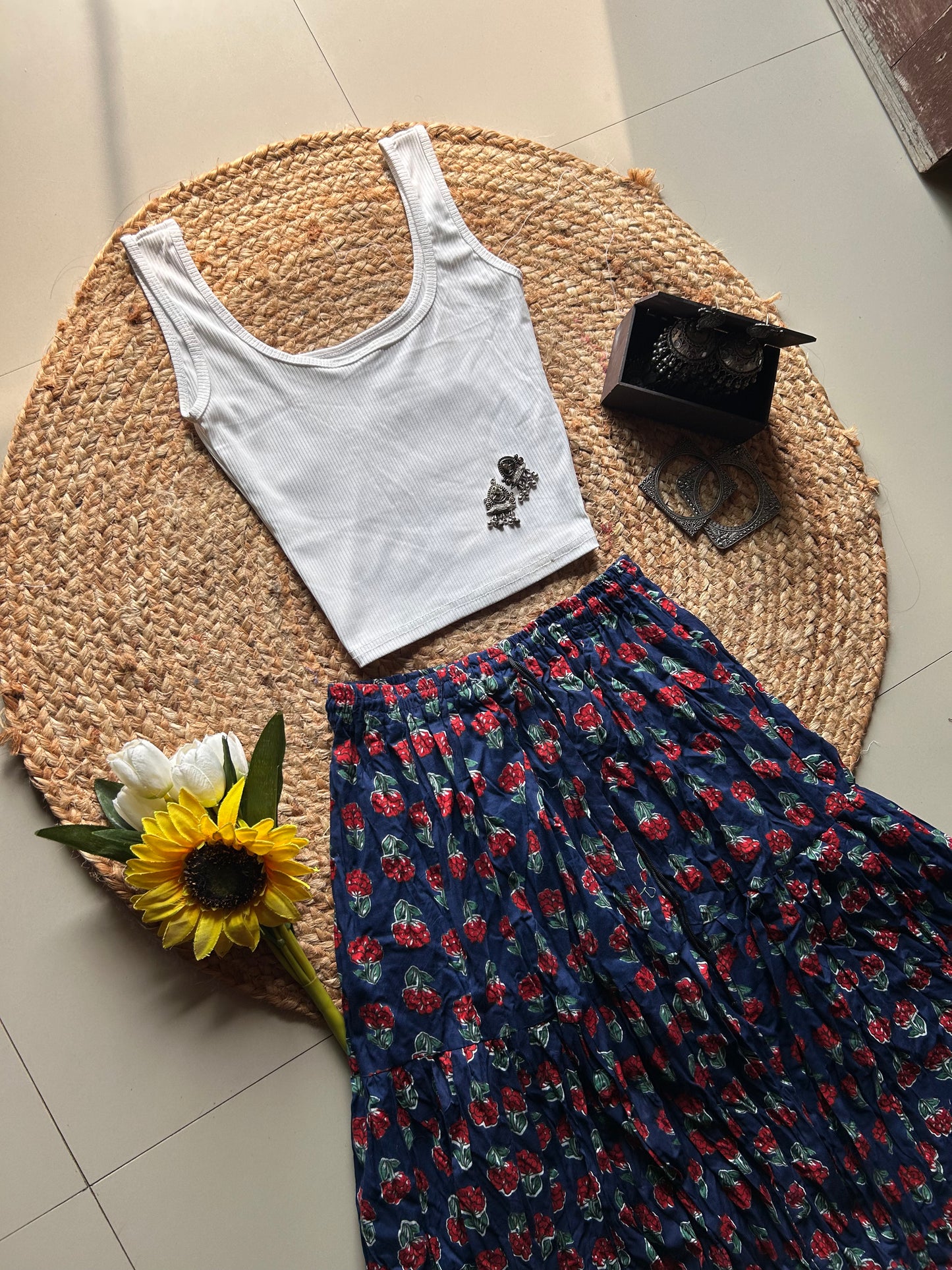 Royal blue floral printed skirt