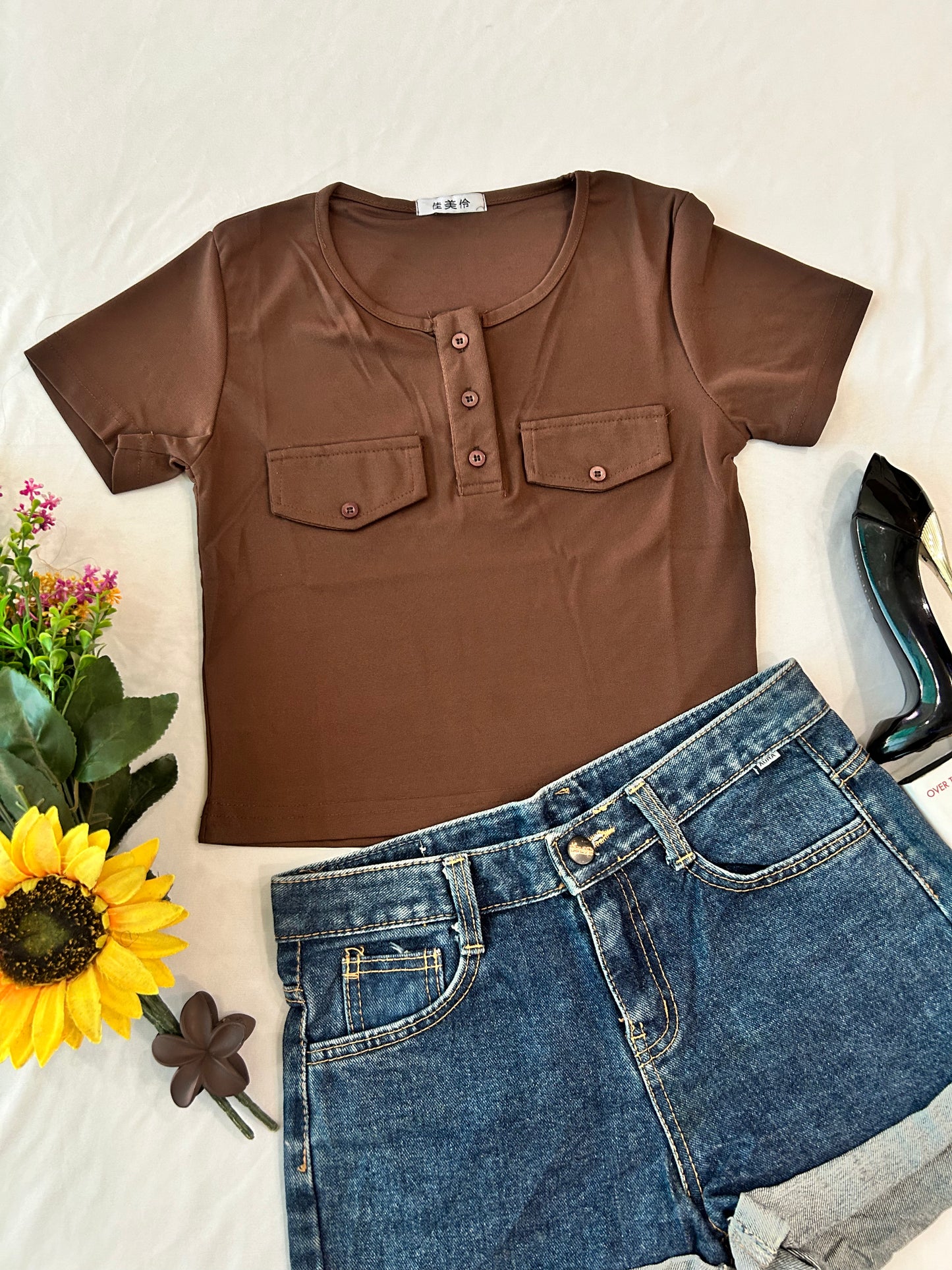 Cute poket top-BROWN