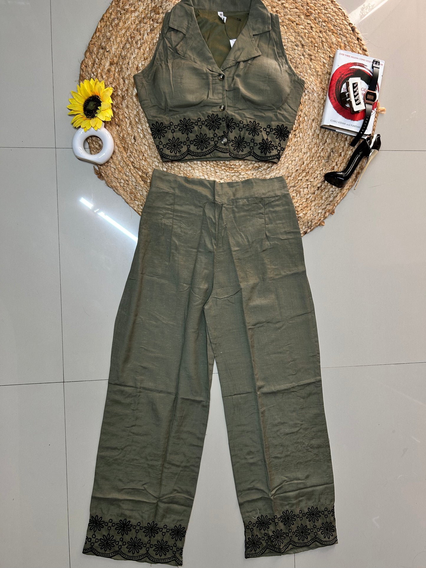 Olive green embroidered co-ord set