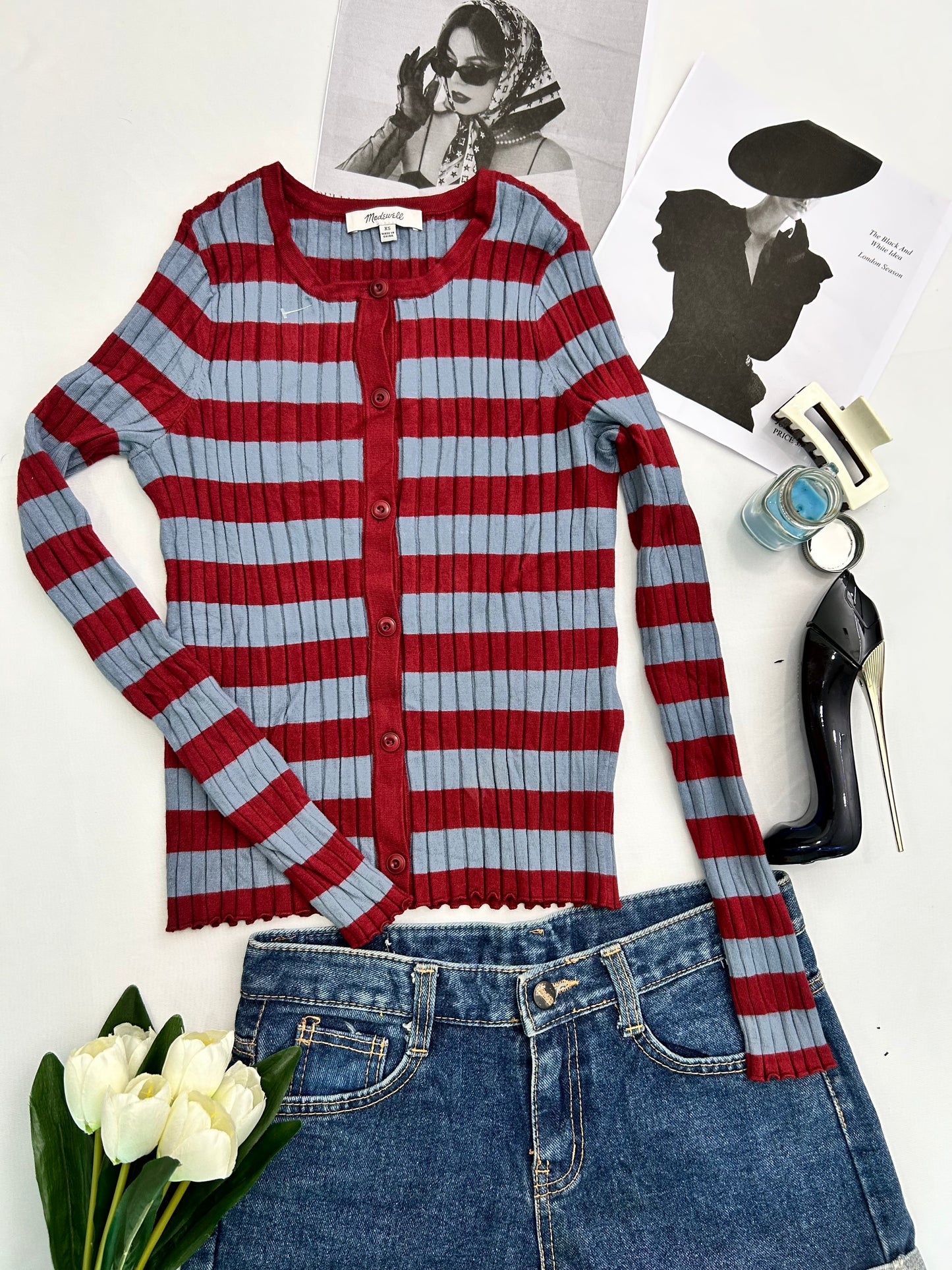 Grey and maroon striped top