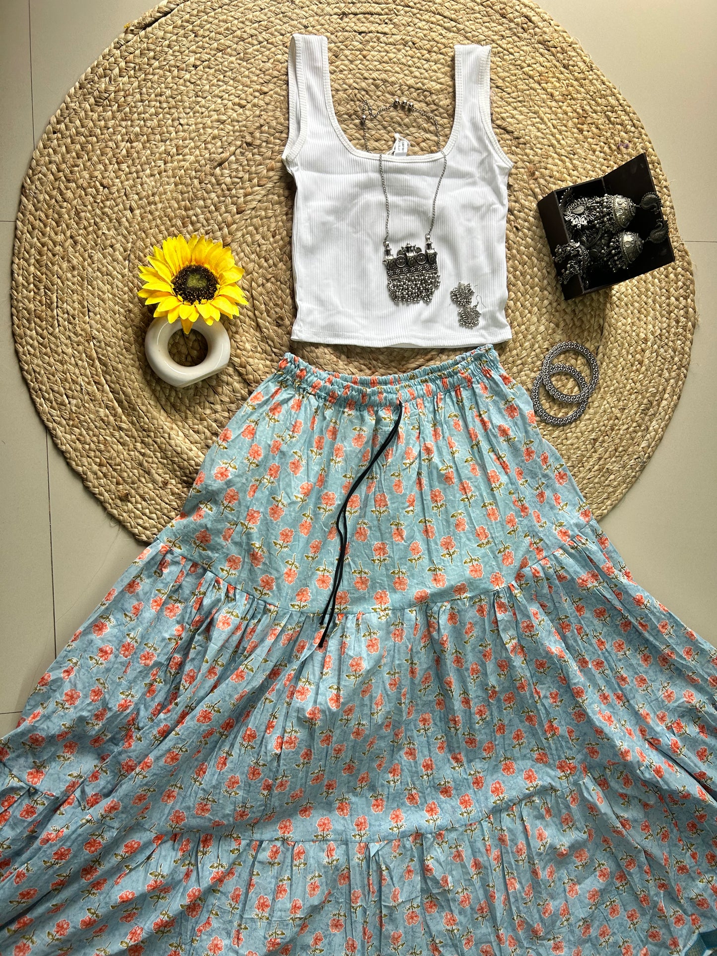 Sky blue floral printed skirt