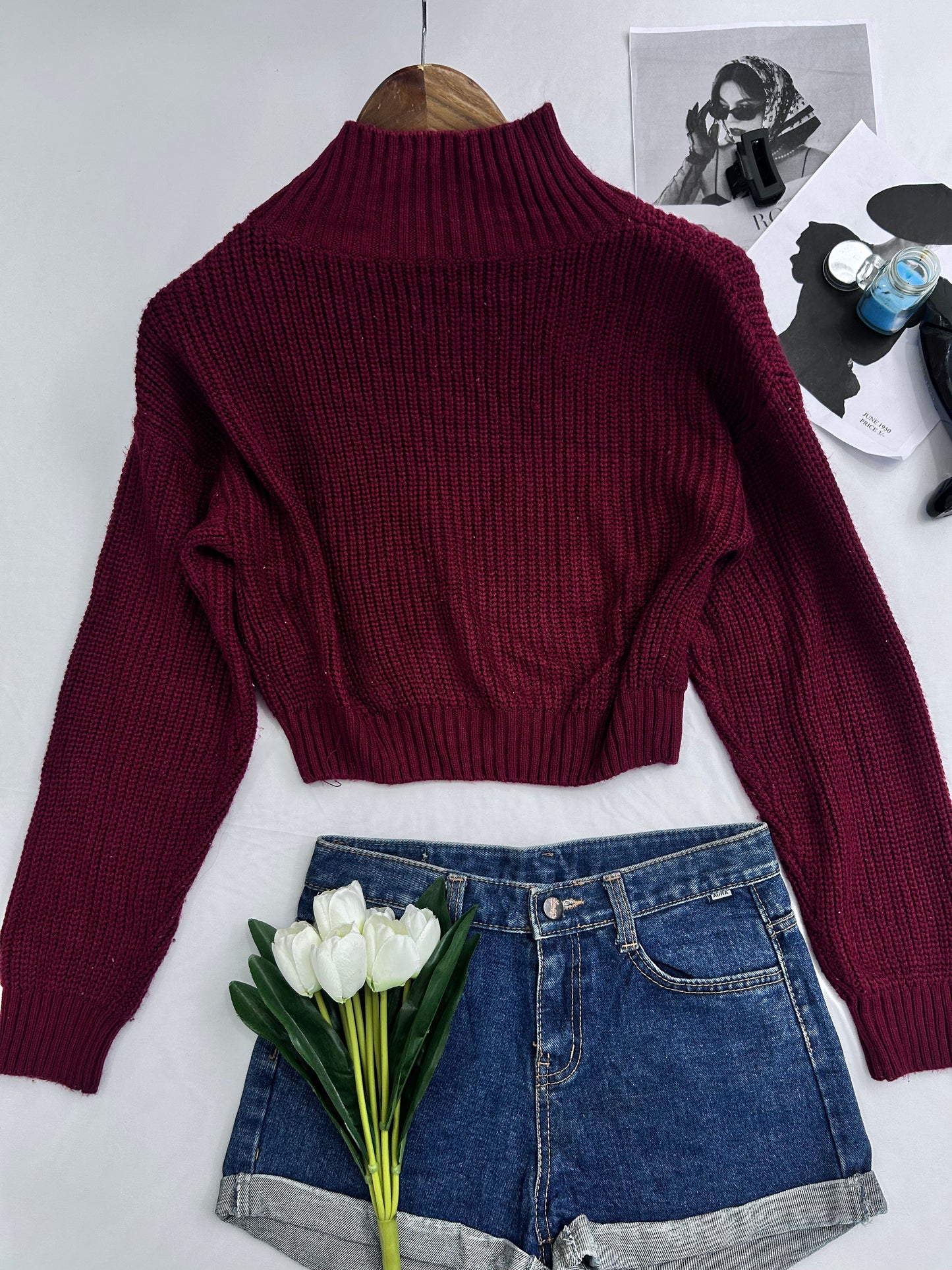 Deep maroon high neck