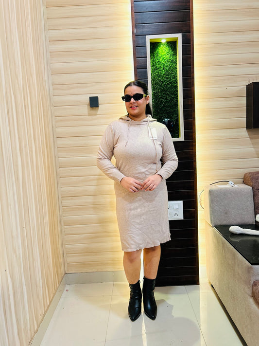 Beige Hoodie Dress for Women | Boho Freesize Surplus Dress - Cozy