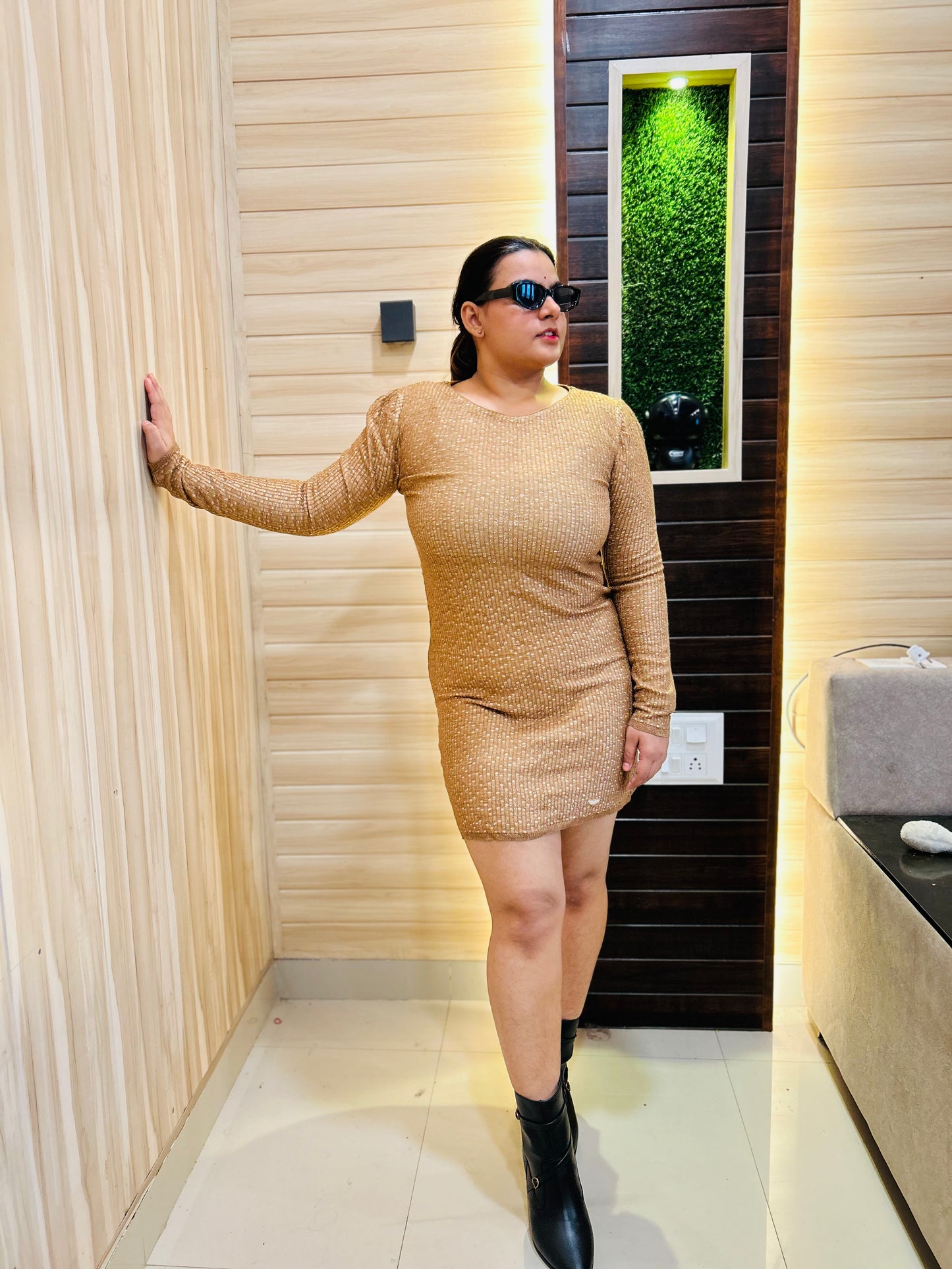 Beige Shimmer Dress for Women | Boho Freesize Surplus Dress