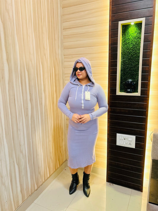 Lavender Zipper Hoodie Dress for Women | Boho Freesize Surplus Dress