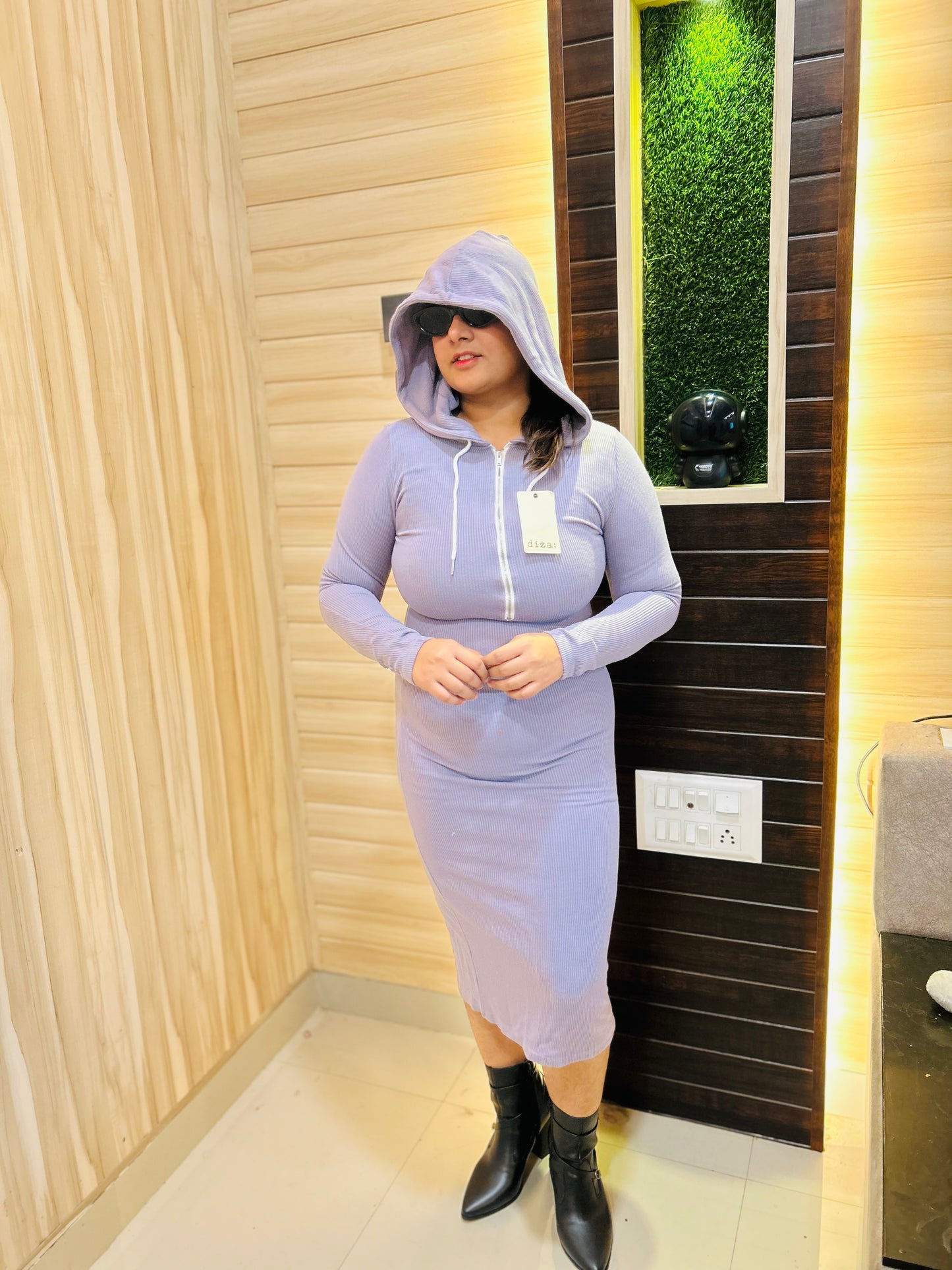 Lavender Zipper Hoodie Dress for Women | Boho Freesize Surplus Dress