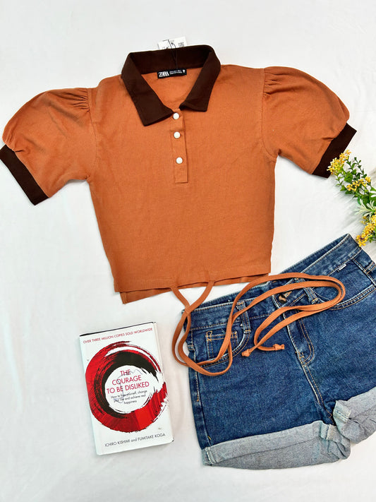 Brown contrast top with tie-up