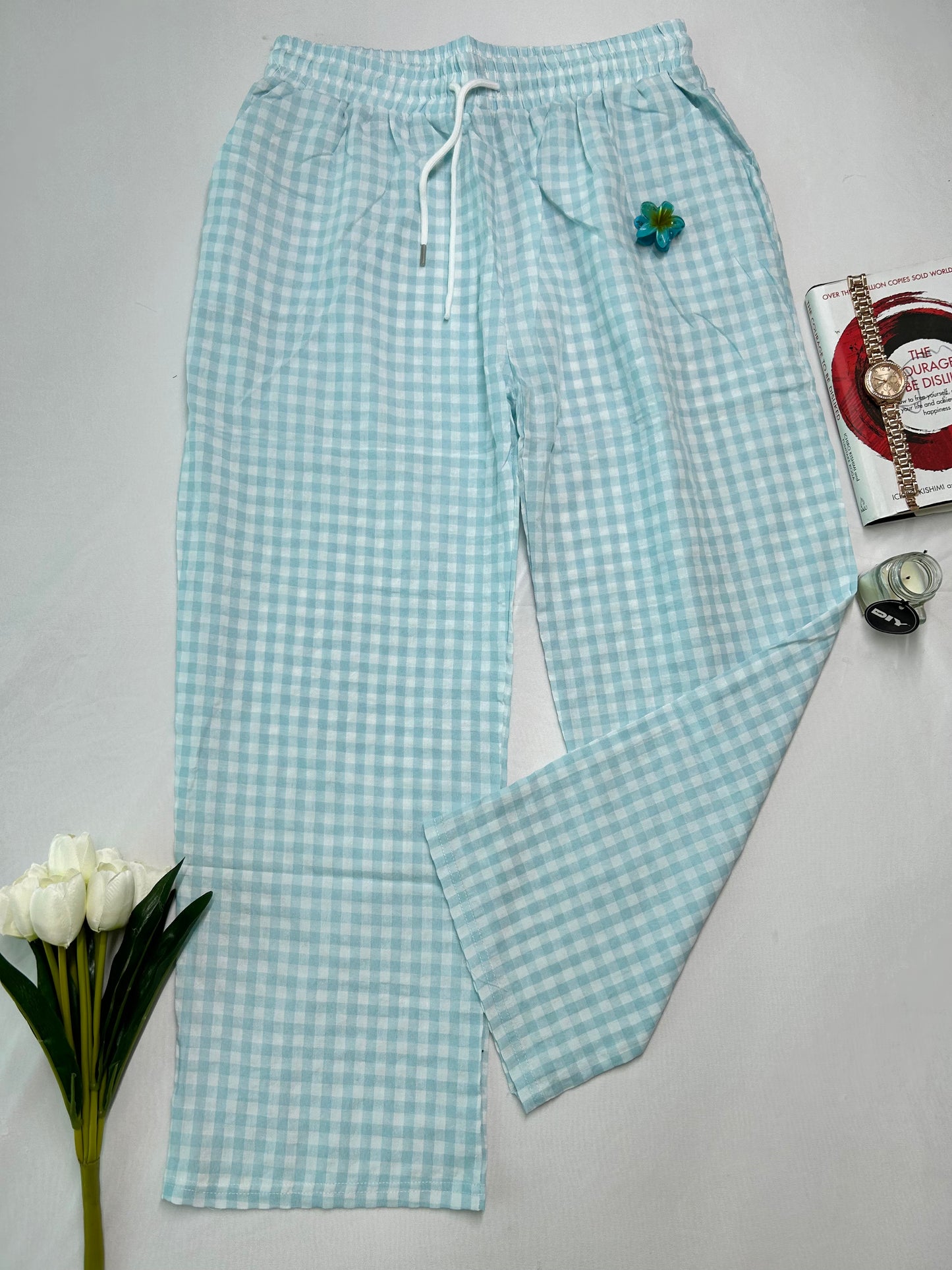 CHECKED PANTS - Sky blue