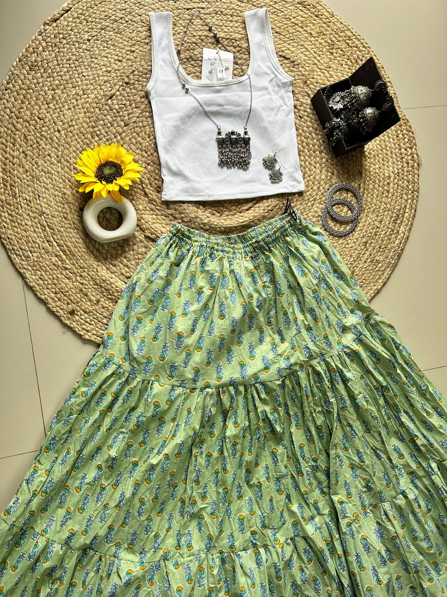 Pastel green  handblock printed skirt