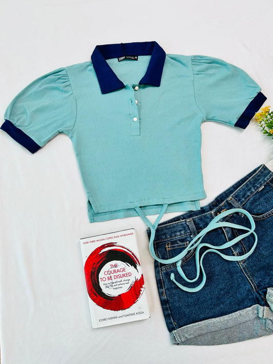 Blue contrast top with tie-up