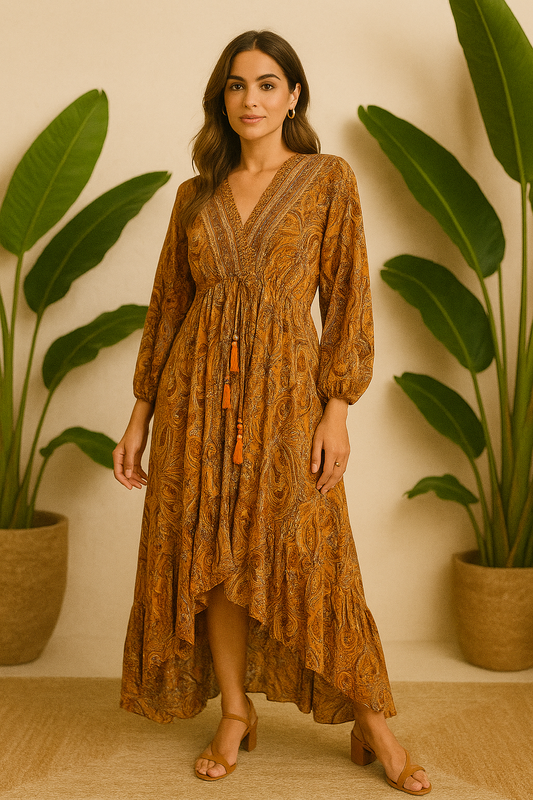 Yellow mustard paisley print full sleeves SUMMER DRESS