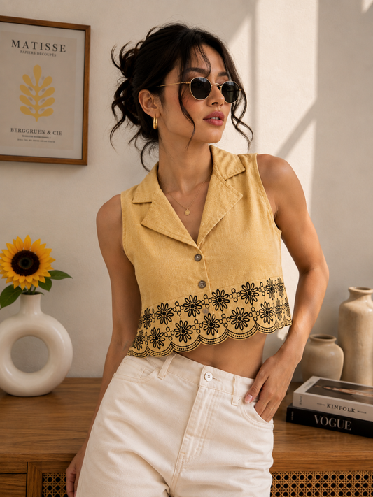Butter yellow embroidery top