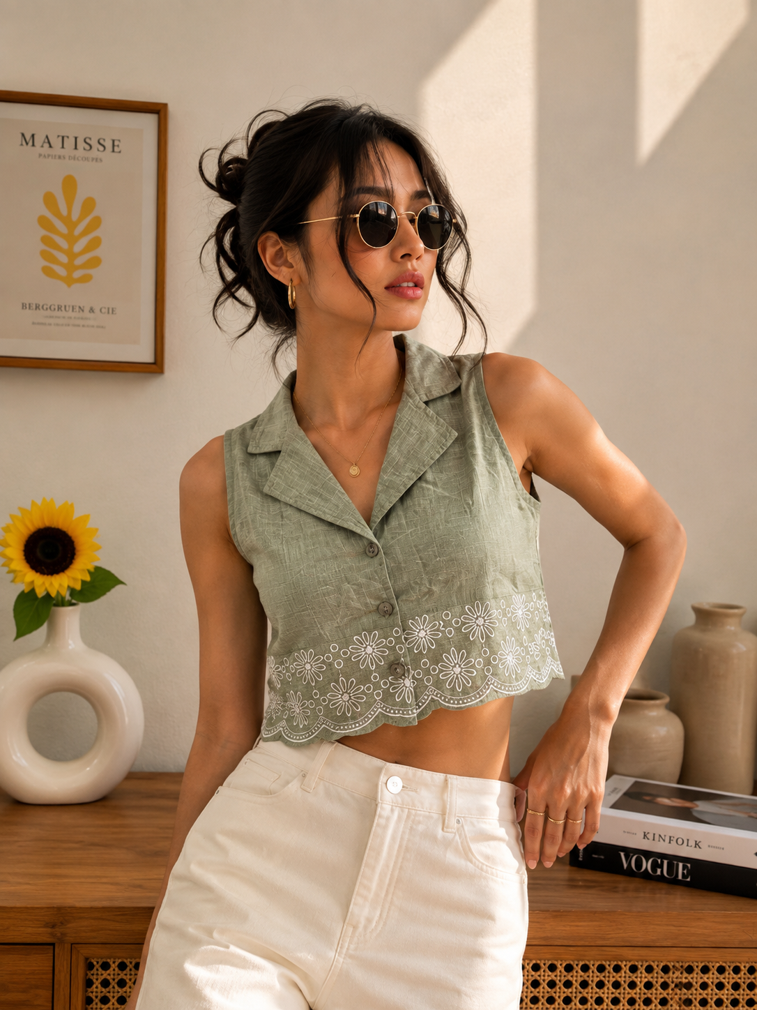 Olive embroidery top