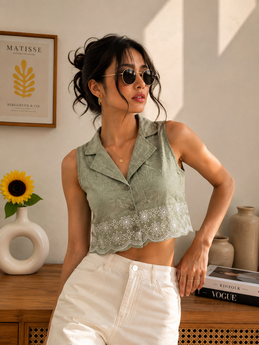 Olive embroidery top