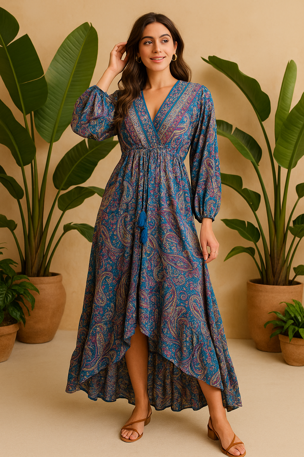 Woman wearing a blue paisley dress standing in front of potted plants.